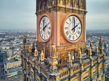 Beautiful Panoramic Aerial Close-up Drone View To The Millennium Clock (clock Face Diameter = 6.5 M) On The Tower Of PKiN And Cityscape Of Warsaw Modern City, Poland