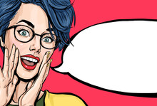Attractive Young Sexy Woman Is Announcing, Telling A Secret, Shouting Or Yelling. Advertising Poster Of Comic Lady Saying Hey Or Wow