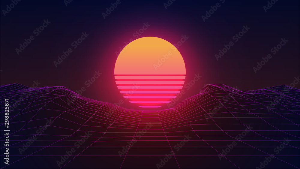 Synthwave Sun. Dark 80s Background with wireframe landscape. 3d virtual scene. Sci-fi retro futuristic style. Abstract Sunset. Template for party flyer, banner or poster. Stock vector illustration - obrazy, fototapety, plakaty 