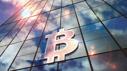 Sticker - Bitcoin Blockchain technology glass skyscraper with mirrored sky illustration