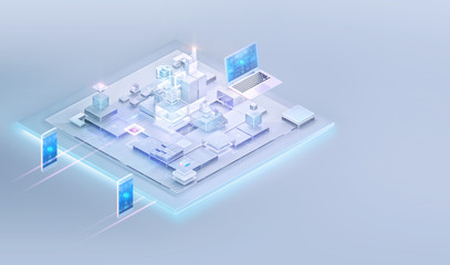 Isometric internet website interface background design. Web development, software programming strategy business, media, big data analysis, blockchain, management, consulting concept, ai technology. 3D