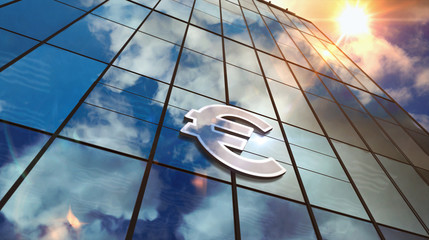 Wall Mural - Euro currency symbol on glass skyscraper with mirrored sky illustration