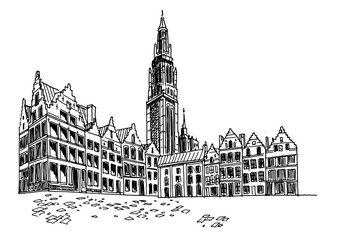 Fototapete - Vector sketch of  Grote Markt square in Antwerpen, Belgium.