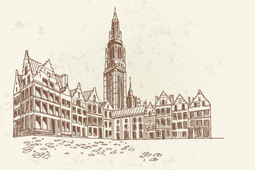 Wall Mural - Vector sketch of  Grote Markt square in Antwerpen, Belgium.
