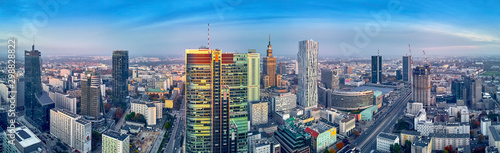 Fototapeta dla dzieci Beautiful panoramic aerial drone view to panorama cityscape of Warsaw modern City, PKiN and "Rondo 1" office skyscraper located at Rondo ONZ