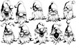 Funny and funny vector black and white gnomes with mustache and beard