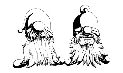 Two funny vector and bearded gnomes. One angry the other strict is worth in black and white style