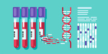 Decoding DNA Spiral From A Flask With Biological Materials. DNA Test Flat Illustration.