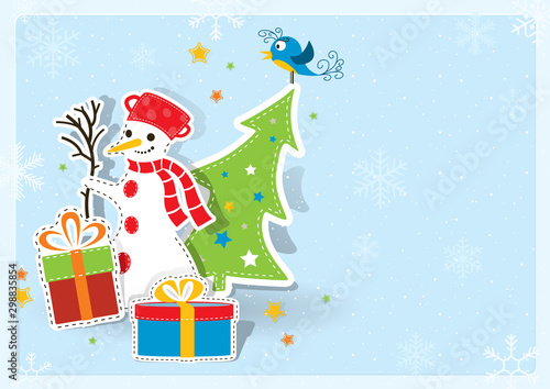 Template Christmas Greeting Card on Blue Background with Paper Xmas Elements ...