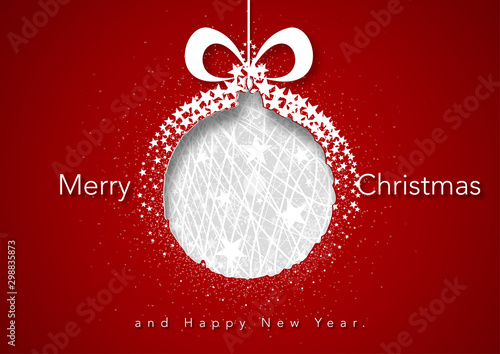 Abstract Christmas Ball Cut Out of Paper on Red Background with White Starry ...