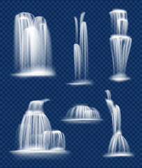 Wall Mural - waterfall flowing. fresh clean and transparent water cascade falls splashes and drops vector nature 
