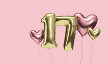Happy 17th Birthday Party Celebration Balloons With Hearts. 3D Render