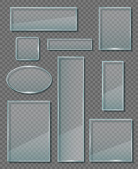 Glass plaque. Modern transparent walls panels different empty banners forms geometrical shapes vectors. Illustration glass banner transparent, reflection plastic transparency panel