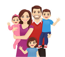 Parents With Newborn Baby, Toddler Boy And Girl Vector Illustration Isolated. Happy Family Portrait. Mother, Father, Daughter, Son.