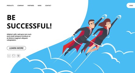 Wall Mural - Successful business. Web page with male and female superheroes background. Teamwork heroes flying in sky vector business landing concept. Business superhero, businessman achievement illustration