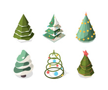 Christmas Tree Isometric. New Year Symbols Plants Decoration Green Xmas Tree Vector Collection. Illustration Christmas Isometric Holiday, Winter Celebration Tree