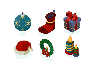 Canvas Print - New year icons. Xmas accessories gifts tree lantern snow globe noel santa vector isometric set. Isometric christmas present and new year candle and toy illustration