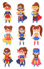 Set Of Little Girls In Costumes Of Superheroes And Cat Woman Vector Illustrations Cartoon Characters