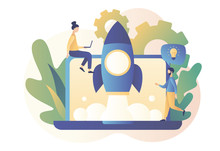 Business Start Up Concept. Tiny People Working On Launching A Spaceship. Teamwork.  Modern Flat Cartoon Style. Vector Illustration