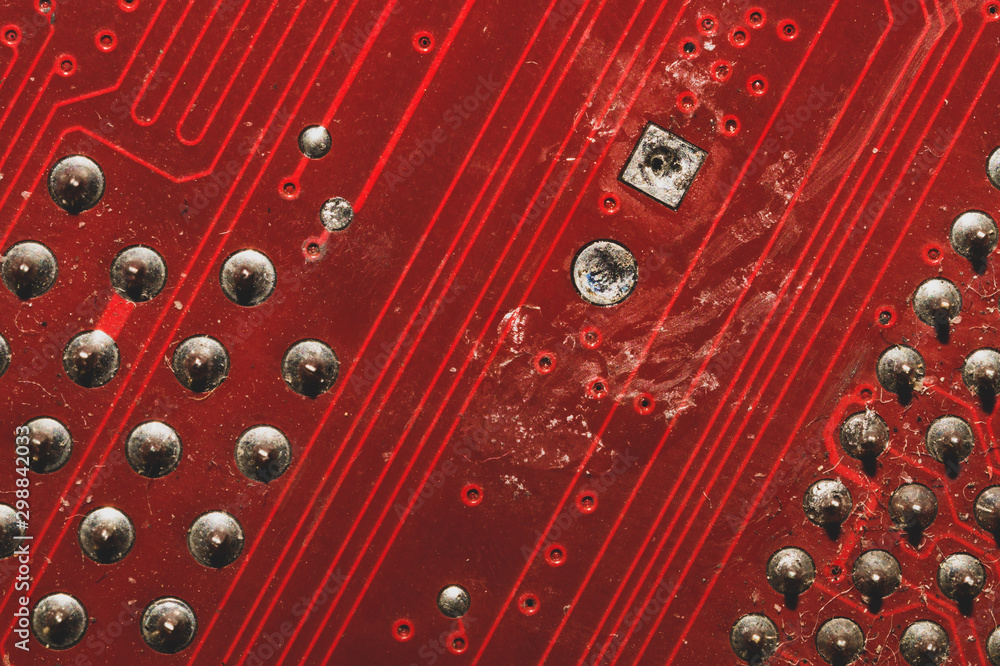 Pc Defect Spoiled motherboard close up. circuit board with dust and defects ...