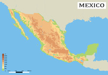 Mexico. Detailed Physical Map Of Country Colored According To Elevation, With Rivers, Lakes, Mountains. Topography And Geographi Map Of Mexico. Vector Illustration. EPS 10
