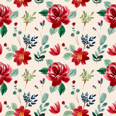 beautiful red floral watercolor seamless pattern