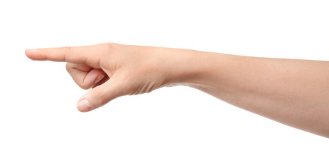 Wall Mural - Hand of woman pointing at something on white background