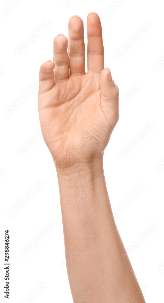 Hand of woman on white background