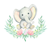Elephant Watercolor Drawing. Cute Baby Elephant, Sitting, Surrounded By A Wreath Of Tropical Plants And Flowers . Set On Isolated Background. For Children's Cards And Invitations.