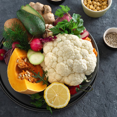 Wall Mural - Ingredients cooking vegetarian Indian dish aloo gobi top view Healthy food