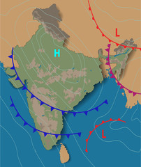 Wall Mural - weather map of the india. chart synoptic showing isobars and weather fronts. meteorological forecast