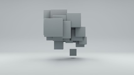 Wall Mural - 3D rendering of a set of white cubes on a white background. Cubes are arranged randomly, different sizes. Image for abstract and futuristic compositions, the idea of chaos and order.