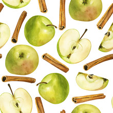 Seamless Pattern Of Green Apples And Cinnamon, Watercolor Hand Draw. Garden Fruit Whole And Cut Into Slices And Spice, Spice. Isolated Illustration Use For Wallpaper, Poster, Print, Art, Textile.