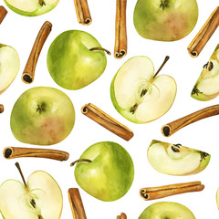 seamless pattern of green apples and cinnamon, watercolor hand draw. Garden fruit whole and cut into slices and spice, spice. Isolated illustration use for wallpaper, poster, print, art, textile.