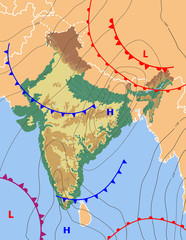 Wall Mural - realistic weather map of the india showing isobars and weather fronts. meteorological forecast. topo