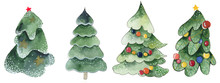 .Set Of Four Watercolor Christmas Trees. Christmas Composition Of Pines, Green Garlands..Set Of Four Watercolor Christmas Trees. Christmas Composition Of Pines, Green Garlands.