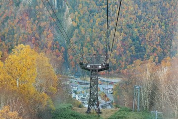 Aerial view from a cable car of Kurodake Ropeway flying over colorful autumn forests with seasonal colorful trees and landscape in Japan. Nature and outdoor concept.