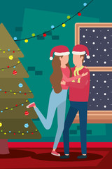 Wall Mural - happy merry christmas couple celebrating with pine tree