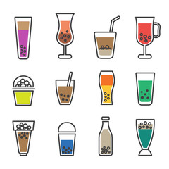 Sticker - Bubble Tea Sign Color Thin Line Icon Set. Vector