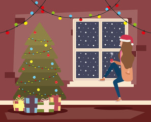 Wall Mural - happy merry christmas lady celebrating with tree