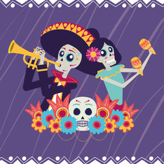 Wall Mural - dia de los muertos card with catrina and mariachi playing trumpet