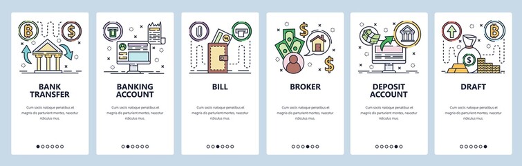 Wall Mural - Mobile app onboarding screens. Banking icons, money transfer, banking accounts, broker trading, currency bill. Vector banner template for website and mobile development. Web site flat illustration