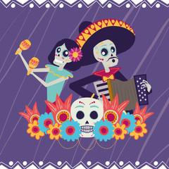 Wall Mural - dia de los muertos card with catrina and mariachi playing accordion