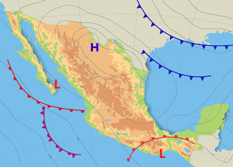 Wall Mural - physical and topography map of mexico. realistic weather map of the country showing isobars and weat