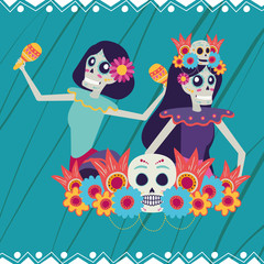 Sticker - dia de los muertos card with catrinas playing maracas