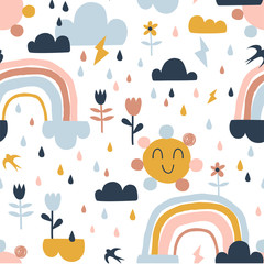 Wall Mural - Seamless cute pattern with hand drawn rainbows, rain drops, clouds sun, flowers and martlets. Creative scandinavian childish background for fabric, wrapping, textile, wallpaper, apparel. Vector