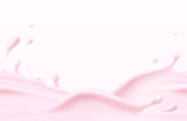 Wall Mural - milk beverage splash seamless pattern. 3d realistic pink yogurt wave border. vector milky strawberry