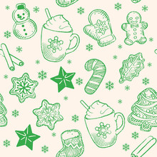 Seamless Background With Christmas Coffee Time Themed Items. Vector Pattern.