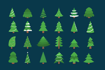 christmas tree set. collection of green fir for christmas