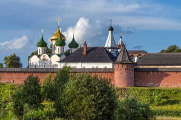 Russia, Vladimir Oblast, Suzdal: Panorama view with famous old Saviour Monastery of Saint Euthymius, Transfiguration Cathedral, donjon, river Kamenka, in the center of one of the oldest Russian towns.